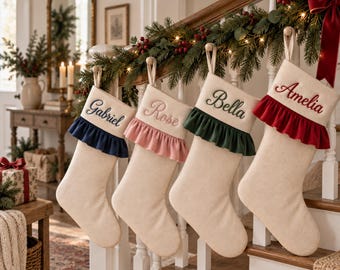 Christmas Stockings Personalized Burlap Woolen Stocking Embroidered Name Stocking Family Farmhouse Stocking with Silhouette for Holiday Gift