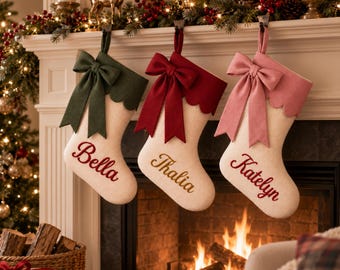 Personalized Bow Christmas Stocking, 2026 Embroidered Christmas Stocking, Linen Christmas Stocking With Name, Christmas Gift, Family Decor