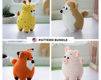 Amigurumi-Musterpaket 4 in 1: Corgis, Fuchs, Giraffe, Schwein