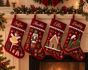 Personalized Luxury Vintage Christmas Stockings, Needlepoint Family Stockings, Velvet Stocking with Name, Christmas Family Decor
