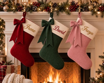 Personalized Bow Christmas Stocking, Embroidered Family Stocking, Velvet Christmas Gift, Holiday Decor