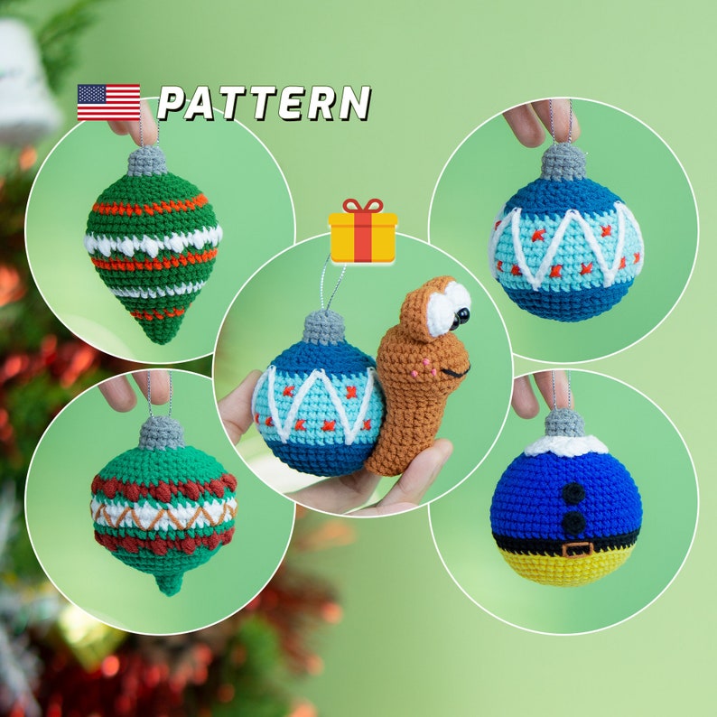 Crochet Patterns Set of 4 Christmas Ornament Balls & Snail image 1