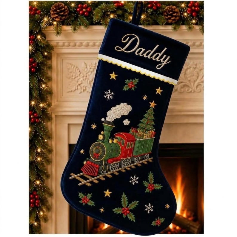 Stoaking Steam Engine Christmas Stockings Personalized Embroidered Luxury Velvet Stocking ...