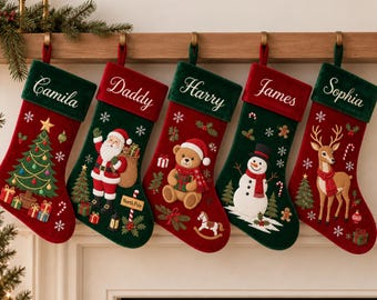 2026 Personalized Christmas Stocking, Handmade Name Yarn Lettering Stocking, Plaid Bow Holiday Decor, Family Xmas Gift