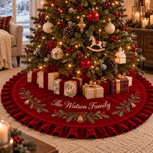 May include: A circular red velvet Christmas tree skirt featuring a ruffled edge, embroidered green holly branches with red berries, gold bells, and the white script text The Watson Family, positioned beneath a decorated evergreen tree.