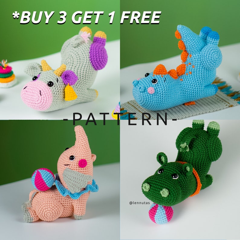 Amigurumi Pattern, Animals Pattern, Amigurumi Toy, Cow, Dinosaur, Elephant, Hippo, Lennutas image 2