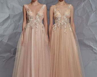 Evening dress, registry dress, tulle, embroidery