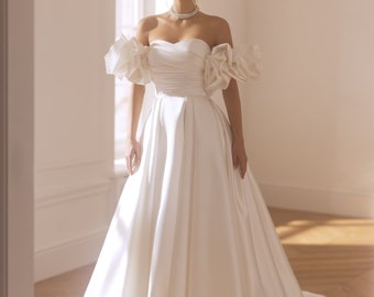 A-line wedding dress, off-the-shoulder, beads, sequins