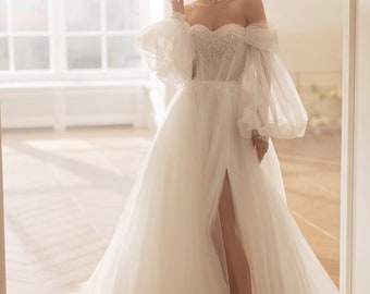 A-line wedding dress, off-the-shoulder, beads, sequins