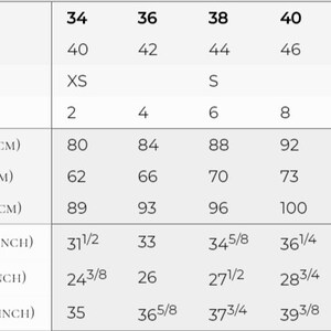 May include: A size conversion chart featuring columns for Euro, RU/UA, INTL, and US sizes. It lists measurements for breast, waist, and thighs in both centimeters and inches, ranging from Euro size 34 to 42, providing a clear reference for garment sizing.