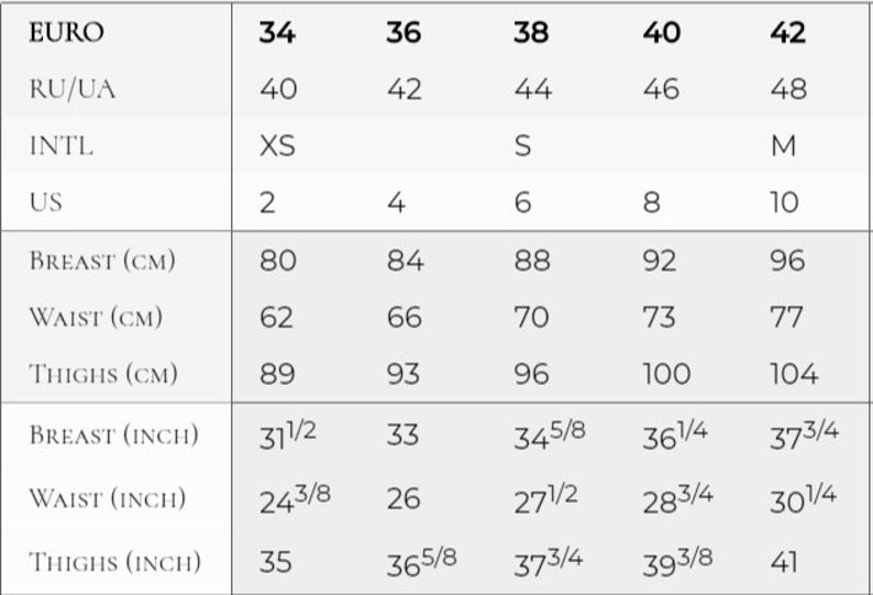 May include: A size conversion chart featuring columns for Euro, RU/UA, INTL, and US sizes. It lists measurements for breast, waist, and thighs in both centimeters and inches, ranging from Euro size 34 to 42, providing a clear reference for garment sizing.