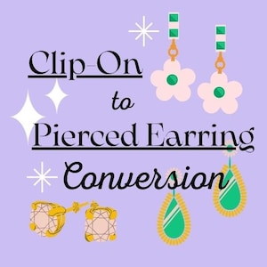 May include: Clip-on to Pierced Earring Conversion.  A graphic shows different styles of earrings, including clip-on and pierced earrings.