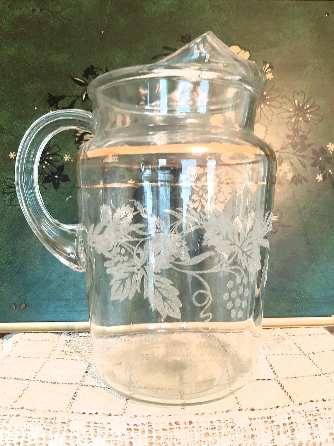 Classy Vintage Pitcher Gold Trim Etched Frosted Leaves and Etsy