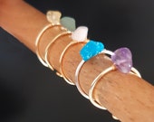 Raw stone healing crystal ring for women, adjustable dainty wire wrapped natural gemstone amethyst, citrine, quartz, jade turquoise, agate