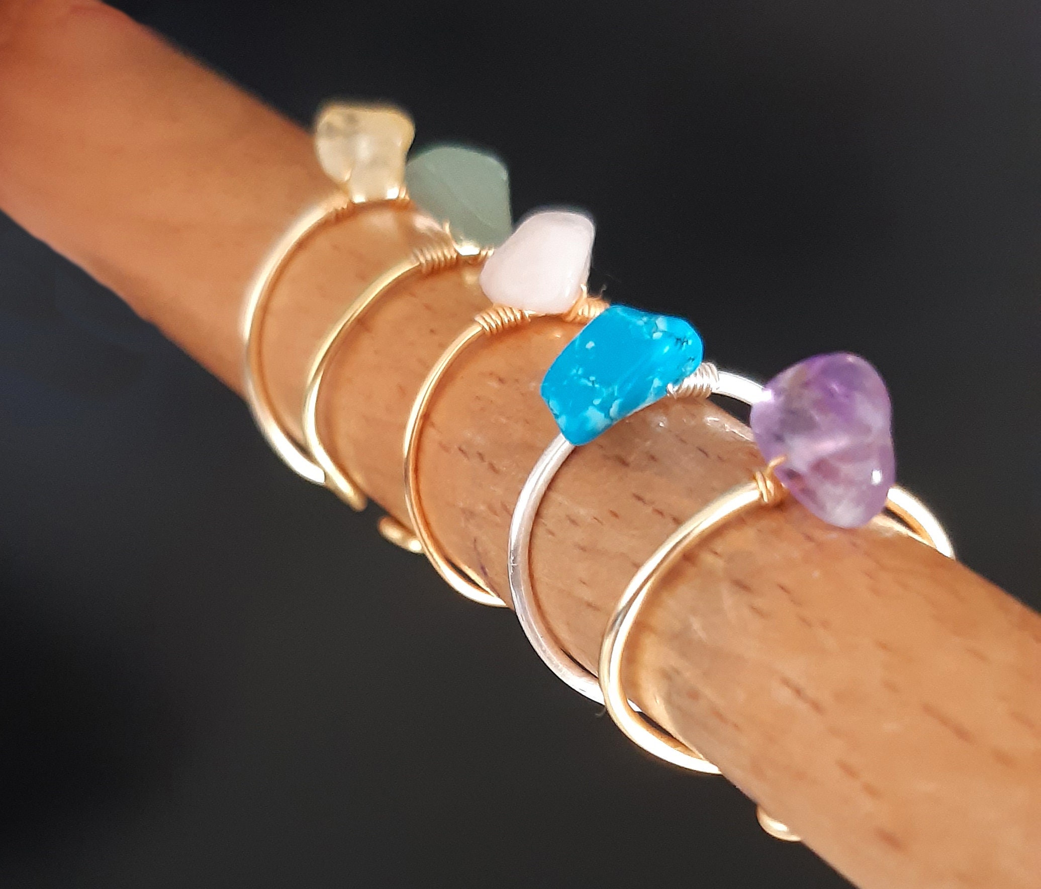 Raw stone healing crystal ring for women, adjustable dainty wire wrap…