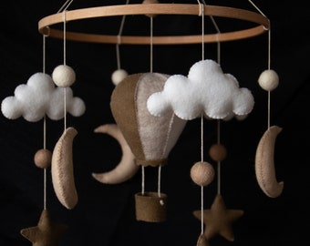 Hot air balloon / Baby Mobile / Custom made / Nursery decor / Felt Mobile / Nature / Mountain / Baby gift / neutral colours/ brown / sand