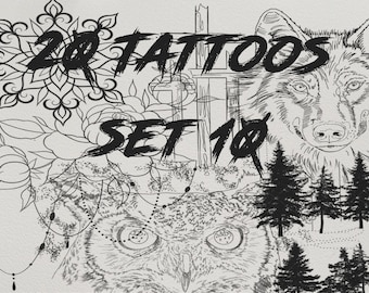 May include: A black and white tattoo design sheet featuring the text 20 TATTOOS SET 10. The illustration includes a mandala, a wolf head, a detailed owl face, a cross, floral elements, pine trees, and a beaded hanging chain design.