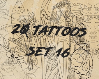 May include: A collection of black line art tattoo designs on a tan background, featuring a cardinal bird, a rose, a winged figure with a shield, and a skull with a dagger. The text 20 TATTOOS SET 16 is printed in black across the center.