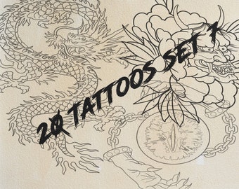 May include: A black and white line art illustration featuring a dragon, a horned mask, and a circular eye motif with chains. The text 20 TATTOOS SET 1 is overlaid in black across the center of the detailed graphic design.
