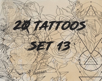 May include: A collection of black line art tattoo designs featuring an Egyptian pharaoh, a lion, roses, and a winged figure within geometric shapes. The text 20 TATTOOS SET 13 is overlaid in black brush-style lettering on a beige background.