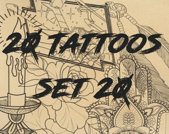 May include: A collection of black line art tattoo designs on a tan background, featuring a lit candle, a rose, a hamsa hand, and feathers. The text 20 TATTOOS SET 20 is overlaid in bold black brush-style lettering across the center of the image.
