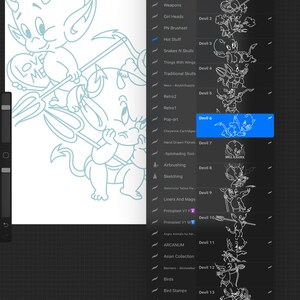 May include: A digital interface showing a Procreate brush library with a list of devil-themed stamp brushes. The main canvas displays a light blue line art illustration of two cartoon devils, one holding a trident and a heart labeled LOVE ME.