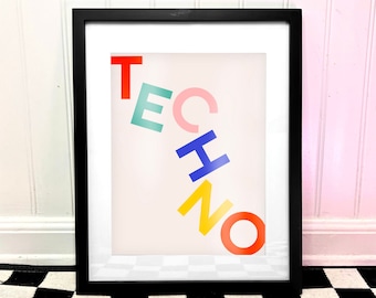 TECHNO LETTRES — musique art impression techno house rave moderne edm wall art affiche typographie