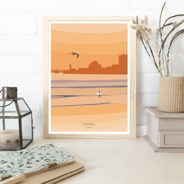 Illustration "Sunset Sablais", affiche plage, surf, Les Sables d'Olonne