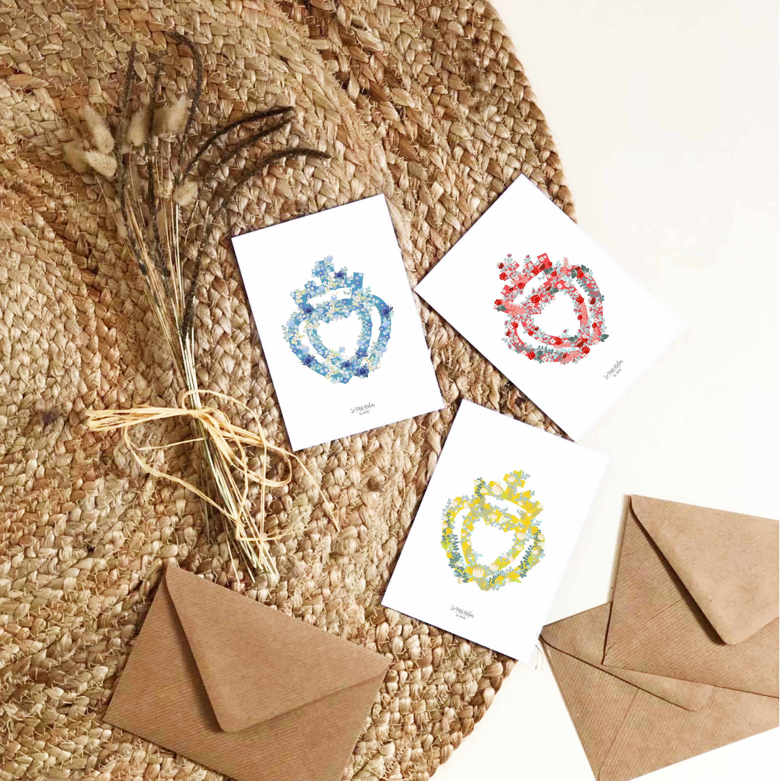 Carte A6 avec Enveloppe Kraft, Illustration Coeur Vendéen, Fleuri, Bohème, Affiche Décorative, Décor