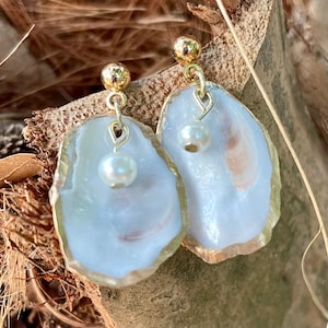 Gold Post Oyster Earrings with Round Pearls