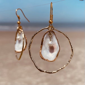 Gold Oyster Shell Hoop Earrings with Round Pearls