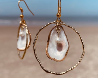 Gold Oyster Shell Hoop Earrings with Round Pearls