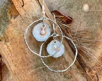 Silver Oyster Shell Hoop Earrings with Round Pearls