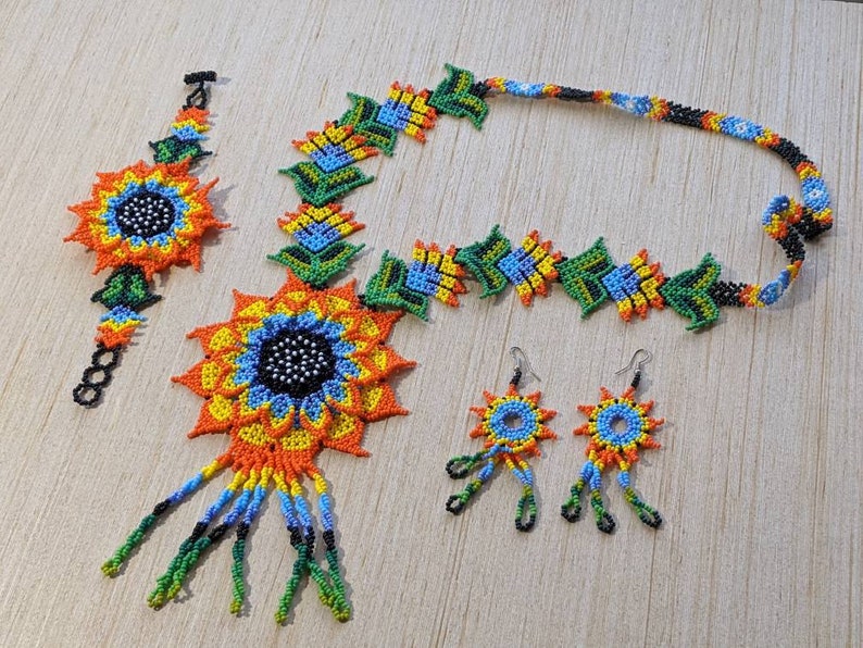 Large flower Huichol necklace handmade boho jewelry glass beads necklace for women native american long necklace
