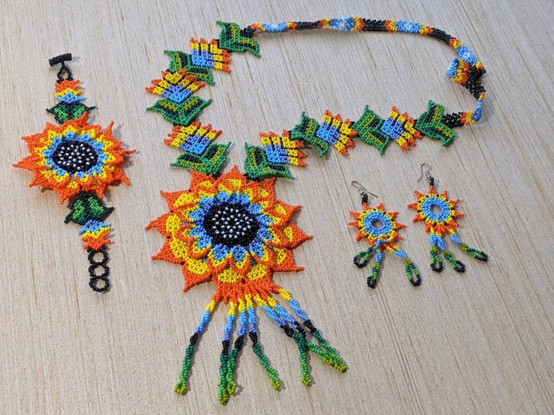 Large flower Huichol necklace handmade boho jewelry glass beads necklace for women native american long necklace