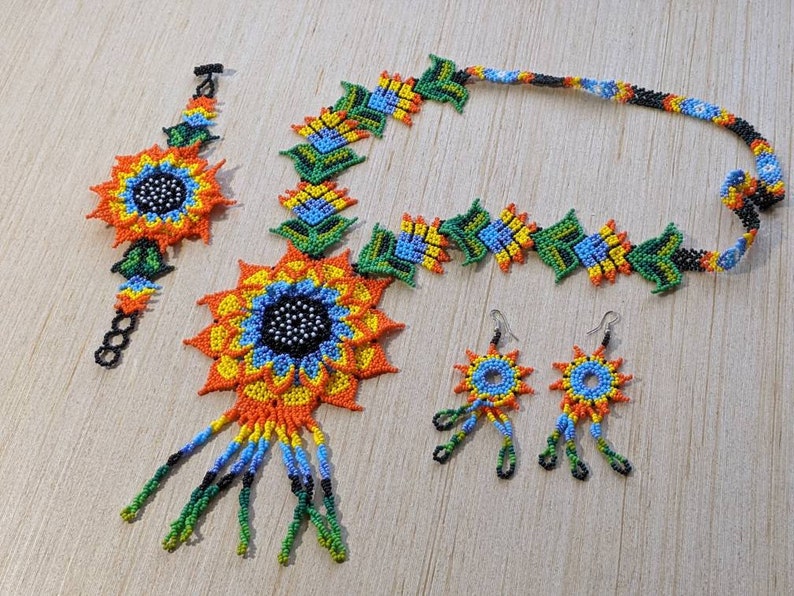 Large flower Huichol necklace handmade boho jewelry glass beads necklace for women native american long necklace