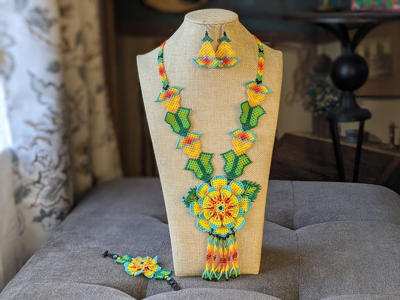 glass beads necklace for women boho jewelry Large flower Huichol necklace native american long necklace handmade