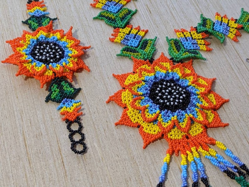 Large flower Huichol necklace handmade boho jewelry glass beads necklace for women native american long necklace