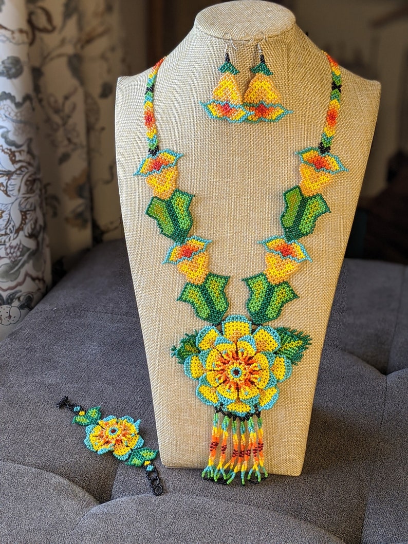 glass beads necklace for women boho jewelry Large flower Huichol necklace native american long necklace handmade