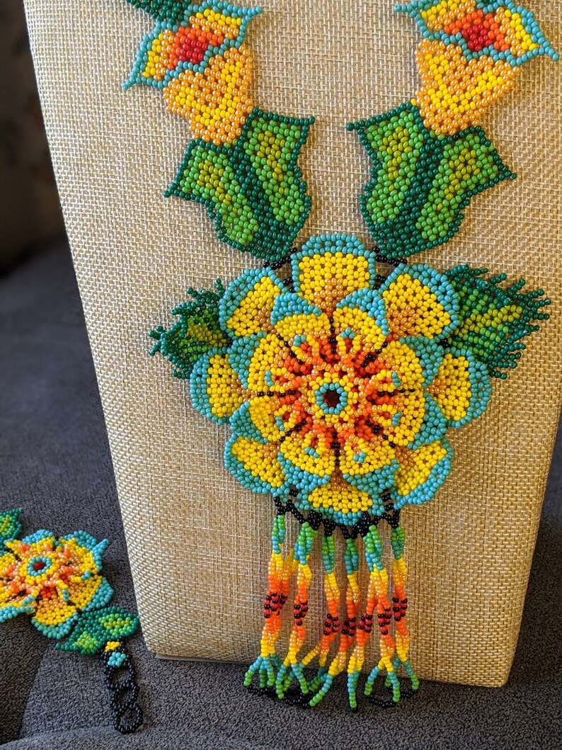 glass beads necklace for women boho jewelry Large flower Huichol necklace native american long necklace handmade
