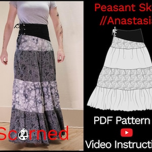 Puede incluir: Un patrón de costura para una falda campesina con una cintura negra y una falda blanca de capas. El patrón incluye una descarga PDF e instrucciones en video. El texto "Peasant Skirt //Anastasia" está en la parte superior de la imagen.