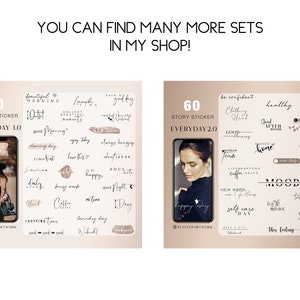 May include: Two sets of 60 story stickers for Instagram. The first set is called "Everyday 1.0" and features a woman wearing a hat and a black jacket. The second set is called "Everyday 2.0" and features a woman with long brown hair. Both sets feature a variety of stickers with text and illustrations.