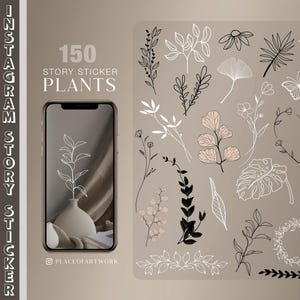 150+ Instagram Story Sticker Plants Flowers botanical floral Blumen Fine line Storysticker Basic love Png schwarz weiß beige Clipart
