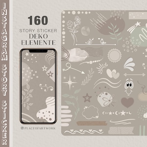 Más de 160 pegatinas para historias de Instagram, elementos decorativos, garabatos, sellos, formas abstractas, pinceladas bohemias, imágenes prediseñadas beige, marcos png