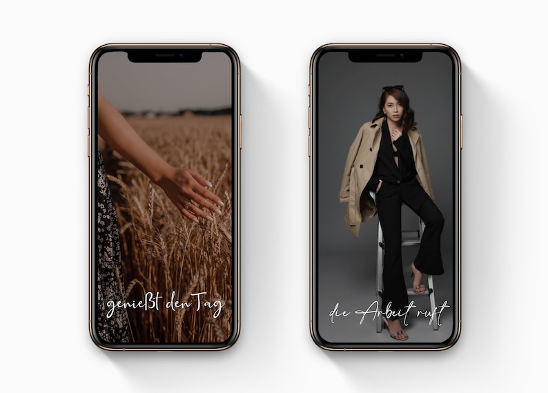 May include: Two smartphones with gold-colored frames are displayed. The left screen shows a hand touching wheat, with the text "genie&szlig;t den Tag". The right screen displays a person in black clothing and a tan coat, with the text "die Arbeit ruft".