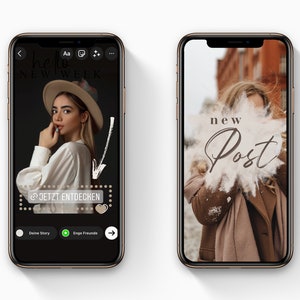 May include: Two screenshots of a mobile phone displaying a social media app. The first screenshot shows a woman wearing a hat and a white shirt. The text on the screen reads "hello new week" and "JETZT ENTDECKEN". The second screenshot shows a woman wearing a brown coat with the text "new Post" on the screen.