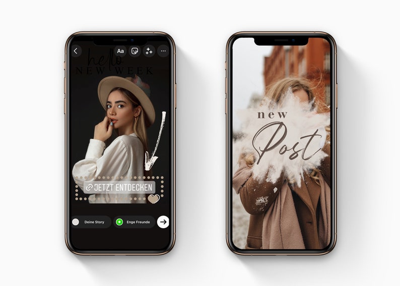 May include: Two screenshots of a mobile phone displaying a social media app. The first screenshot shows a woman wearing a hat and a white shirt. The text on the screen reads "hello new week" and "JETZT ENTDECKEN". The second screenshot shows a woman wearing a brown coat with the text "new Post" on the screen.