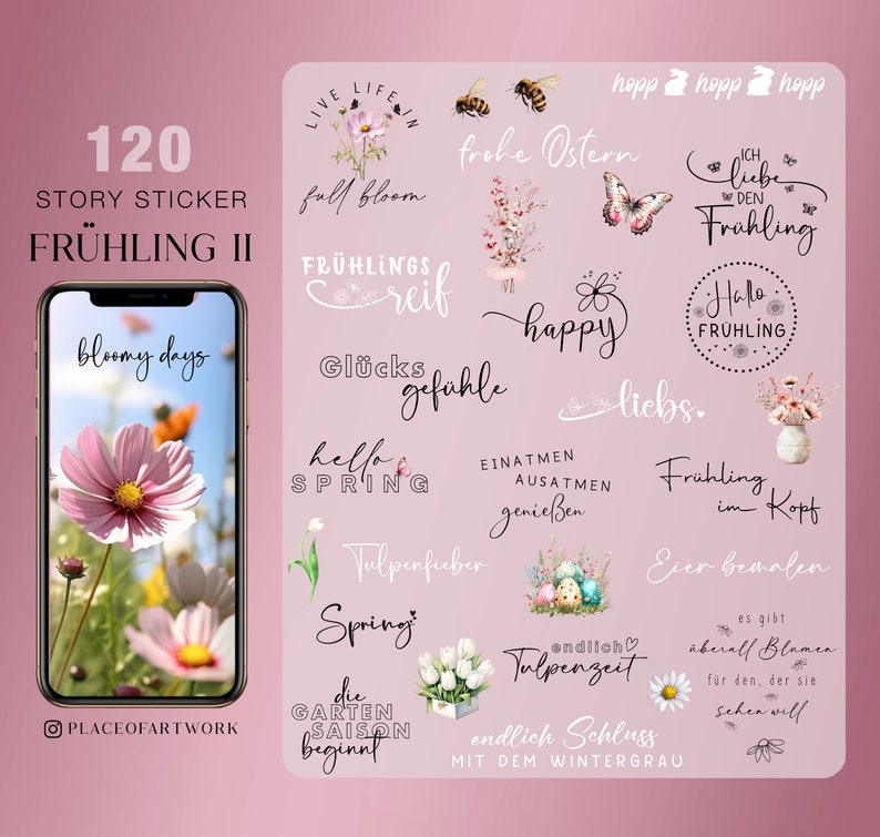 120 Instagram Story Sticker Frühling Ostern Garten Spring flowers botanical Basic clipart digital Stickers png Bild 1