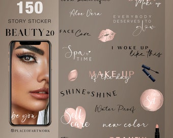 150+ Instagram Story Sticker Beauty spa make up wellness beautiful brushes Daily Basic love Morning routine glitter rose gold digital png