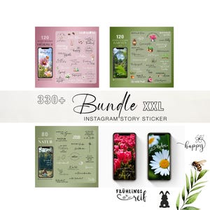 Puede incluir: Un paquete de pegatinas para historias de Instagram con temas florales y de naturaleza. La imagen presenta maquetas de teléfonos inteligentes que muestran varios diseños de pegatinas, incluyendo flores, vegetación y texto inspirador. El texto "Bundle XXL" también es visible.
